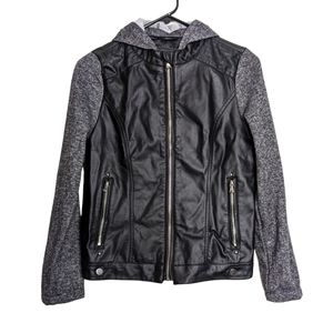 SO Girl's Faux Leather Hooded Jacket Black Gray Zip Up Jacket Size 16